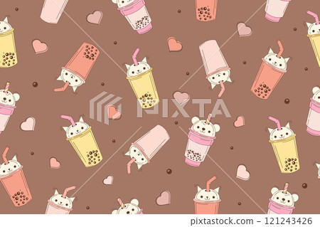 Bubble milk tea funny seamless pattern. Hand drawn kawaii smiles drinks with tapioca pearls. Cute cartoon vector illustration. Mocha mousse background with ice tea characters. 121243426