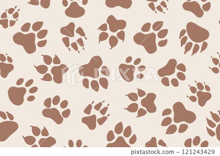 Set of animal paw prints in Mocha Mousse color, vector prints of different animals feet. Dog fox wolf bear cat lion leopard tiger. Vector illustration 121243429