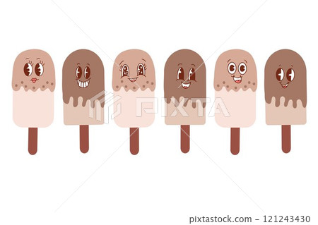 Kawaii ice cream stick set. January 24 is a sweet holiday, International Eskimo Pie Day. Kawaii popsicle on a stick. 121243430