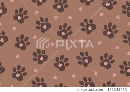 Seamless pattern with the image of the silhouette of a pet's paw. Abstract animal wallpaper, fabric design and decor. Background color of the year 2025 Mocha Mousse 121243433