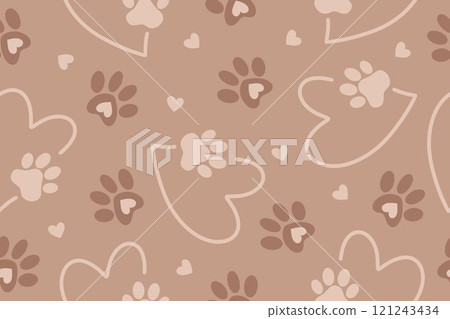 Seamless pattern of pet paw in heart. Pet footprint. Love concept. Background of year 2025 Mocha Mousse 121243434