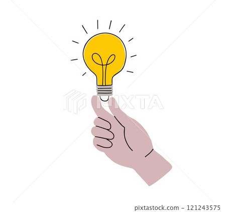 Human hand holding glowing light bulb. Hand drawn doodle icon, sketch. Innovation, idea, new solution. Isolated vector illustration. Light, electricity, imagination concept. Brainstorming graphic sign 121243575