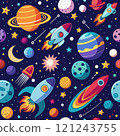 Immerse in the vibrant beauty of outer space, adorned with planets and a rocket. Seamless pattern. 121243755