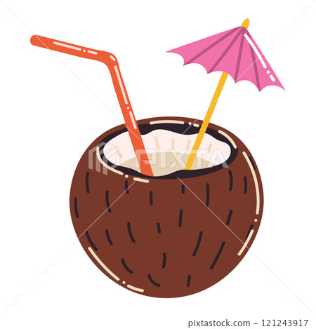Cute cartoon coconut drink with straw and umbrella in flat style. Beach tropic coconut cocktail isolated on white background. Cute cartoon coconut drink with straw and umbrella in flat style. Beach tropic coconut cocktail isolated on white background. 121243917