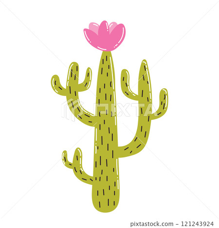 Cute cartoon blooming cactus in flat style. Tropical summer plant with flower isolated on white background. Cute cartoon blooming cactus in flat style. Tropical summer plant with flower isolated on white background. 121243924