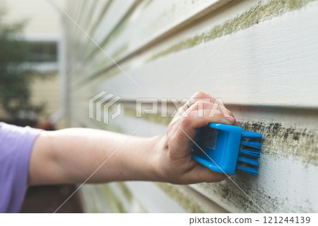 Cleaning algae and mold from vinyl siding of house with brush Cleaning algae and mold from vinyl siding of house with brush 121244139