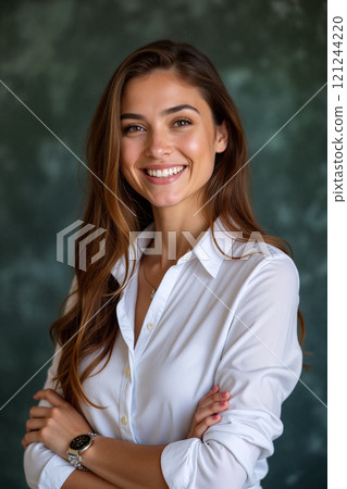 Confident young woman smiling with arms crossed in a professional setting against a green backdrop 121244220