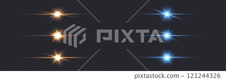 Light effect set. Horizontal flashes and beams. Gold and blue sparks collection. Bright glowing lines. Luxury shining glares. Abstract laser beams. Vector illustration 121244326