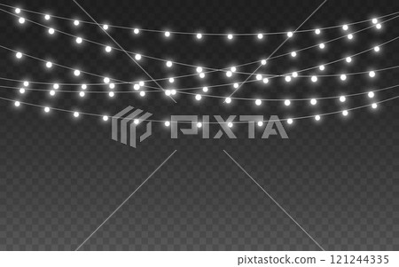 Christmas lights. Bright silver garlands. White glowing bulbs. Luminous string for greeting card, invitation or poster. Winter holiday decoration. Vector illustration Christmas lights. Bright silver garlands. White glowing bulbs. Luminous string for greeting card, invitation or poster. Winter holiday decoration. Vector illustration 121244335