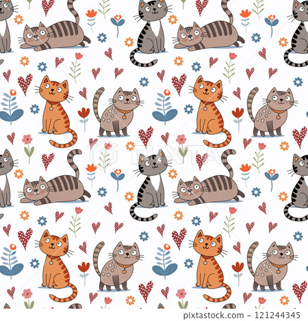 bright cats on a background of flowers. seamless pattern 121244345