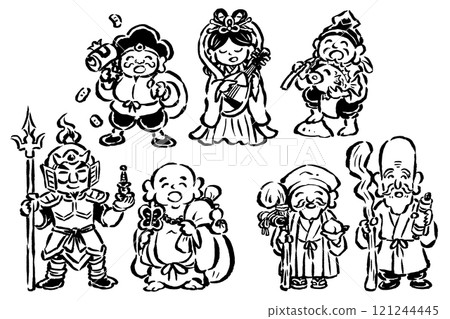 七福神畫筆手繪站立姿勢單色線描插畫套裝 121244445