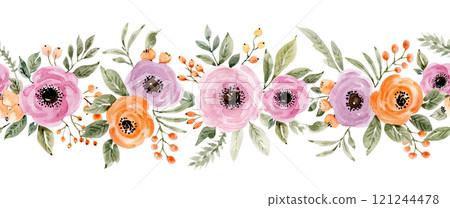Botanical seamless border with delicate pink anemone flowers, watercolor illustration. 121244478
