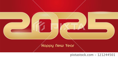 Happy New Year 2025. Golden Festive Lettering on Red Background Happy New Year 2025. Golden Festive Lettering on Red Background 121244501