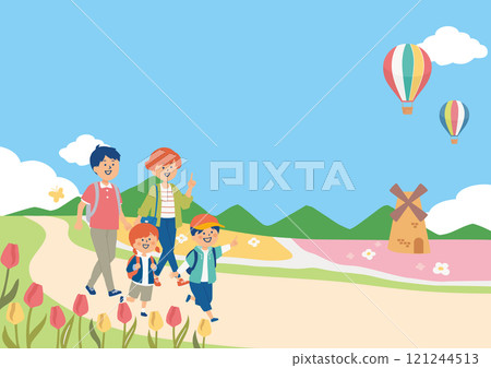 一家人去春天花田的插畫 121244513