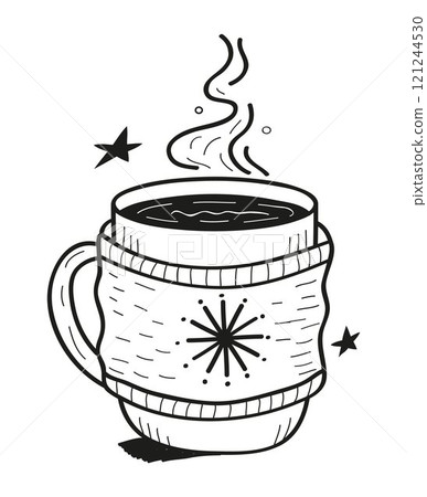 Winter hot drink in doodle style. Mulled wine, orange punch, and apple punch with cinnamon and cardamom. 121244530