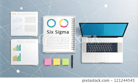Six Sigma and DMAIC concept. Office workspace featuring Six Sigma materials and laptop. 121244545