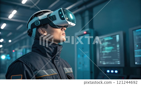 Health and safety monitoring concept, Person using virtual reality headset indoors 121244692