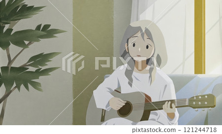 Lofi girl, A girl playing guitar indoors. 121244718