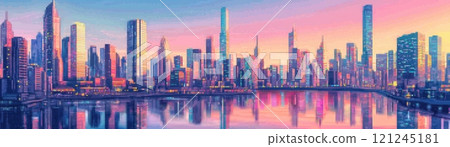 A vibrant city skyline at sunset, reflecting colorful hues on the water 121245181