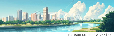 A vibrant city skyline featuring tall buildings, lush greenery along a riverbank A vibrant city skyline featuring tall buildings, lush greenery along a riverbank 121245182