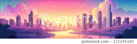 A vibrant digital cityscape at sunset, featuring tall buildings 121245183