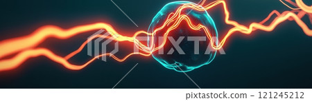 An abstract representation of a glowing sphere surrounded by dynamic wave patterns, energy and technology. 121245212