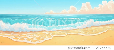 A serene beach scene featuring gentle waves lapping the shore under a clear blue sky 121245380