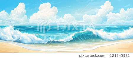 A vibrant beach scene with rolling waves 121245381