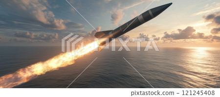 A sleek missile launches toward the sky, leaving a fiery trail 121245408