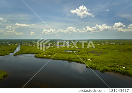 Overhead view of Everglades swamp with green vegetation between water inlets. Natural habitat of many tropical species in Florida wetlands 121245417