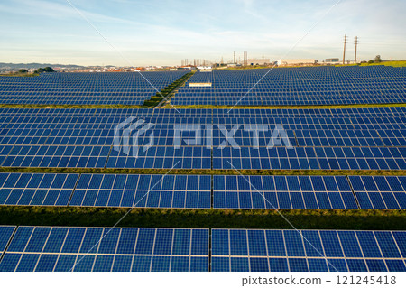 Drone view of blue solar panels on agricultural Drone view of blue solar panels on agricultural 121245418