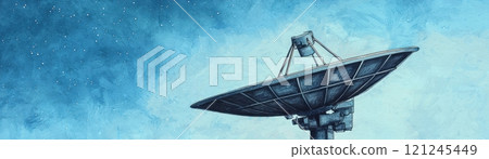 A large satellite dish against a blue background, communication and connectivity 121245449