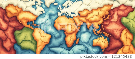 A colorful, illustrated world map displaying continents in vibrant shades 121245488
