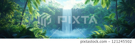 A serene tropical waterfall surrounded by lush greenery 121245502