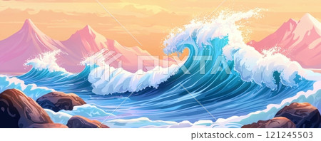 A vibrant seascape featuring a majestic wave crashing against rocks 121245503