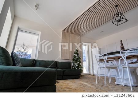 Interior of modern spacious kitchen with white walls, decorative wooden elements, contemporary furniture and big soft couch. Interior of modern spacious kitchen with white walls, decorative wooden elements, contemporary furniture and big soft couch. 121245602