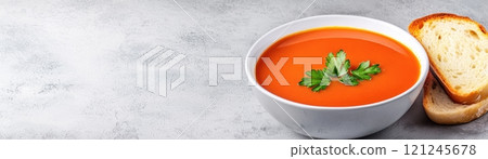 A cozy bowl of tomato soup garnished with herbs, accompanied by a slice of crusty bread on a light gray surface. 121245678