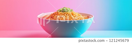 A colorful bowl of noodles topped with green garnish 121245679