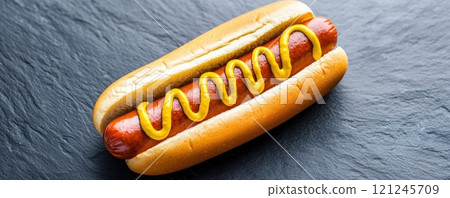 A delicious hot dog with mustard nestled in a soft bun, served on a dark slate surface. 121245709