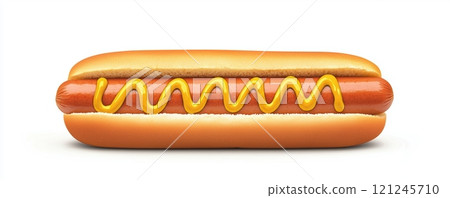 A classic hot dog with yellow mustard in a bun, perfect for summer BBQs, picnics, or sporting events. 121245710