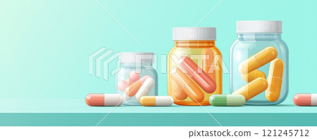 Colorful medicine jars with capsules displayed on a countertop, various shapes and sizes of pills Colorful medicine jars with capsules displayed on a countertop, various shapes and sizes of pills 121245712
