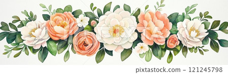 A beautiful floral arrangement featuring soft peach and white blossoms 121245798