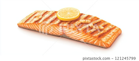Grilled salmon fillet garnished with a lemon slice, showcasing a rich, vibrant color and appealing texture, healthy meal. 121245799
