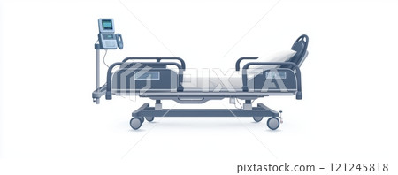 A hospital bed with adjustable features, designed for patient comfort and care, equipped with monitoring technology. 121245818