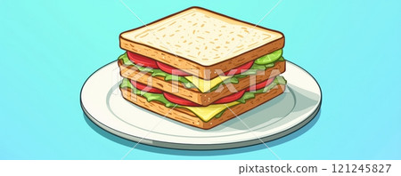 A colorful illustration of a layered sandwich with lettuce, tomato, and cheese A colorful illustration of a layered sandwich with lettuce, tomato, and cheese 121245827