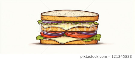 A delicious sandwich stacked with layers of cheese, vegetables, and sauces 121245828