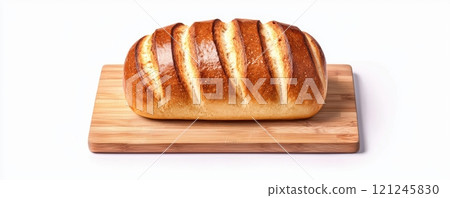 A freshly baked loaf of bread with golden crust and slashes, resting on a wooden board A freshly baked loaf of bread with golden crust and slashes, resting on a wooden board 121245830