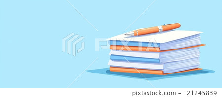 A stack of colorful notebooks with a pen placed on top, study or organization. 121245839