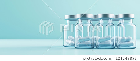 A row of clear glass vials containing white capsules, medicine A row of clear glass vials containing white capsules, medicine 121245855