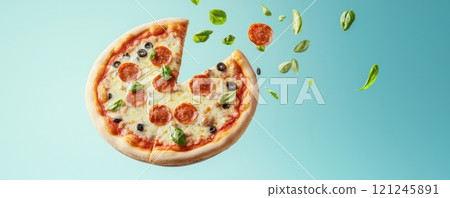 A delicious pepperoni pizza with fresh toppings, partially sliced, surrounded by vibrant green basil leaves 121245891